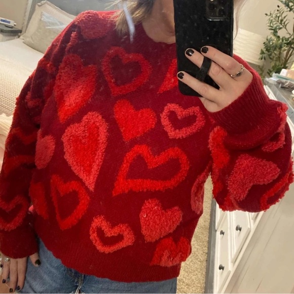 Luxe Heart Pattern Knit Sweater Top Red Pink - Picture 2 of 5